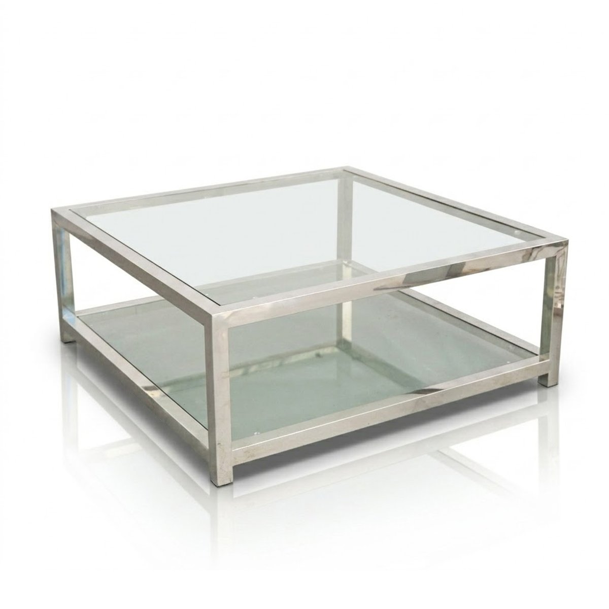 Square Two-Tier Coffee Table in Brushed Steel and Glass