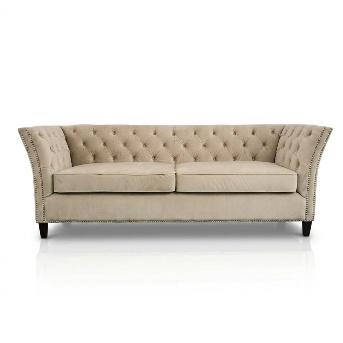 Chesterfield-Style Sofa in Beige Fabric with Nailhead Trim
