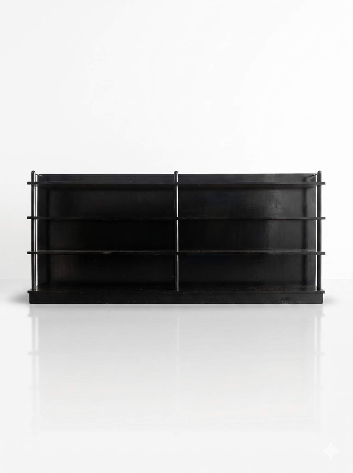Vintage Distressed Black Wood Low Bookshelf with Brass Hardware