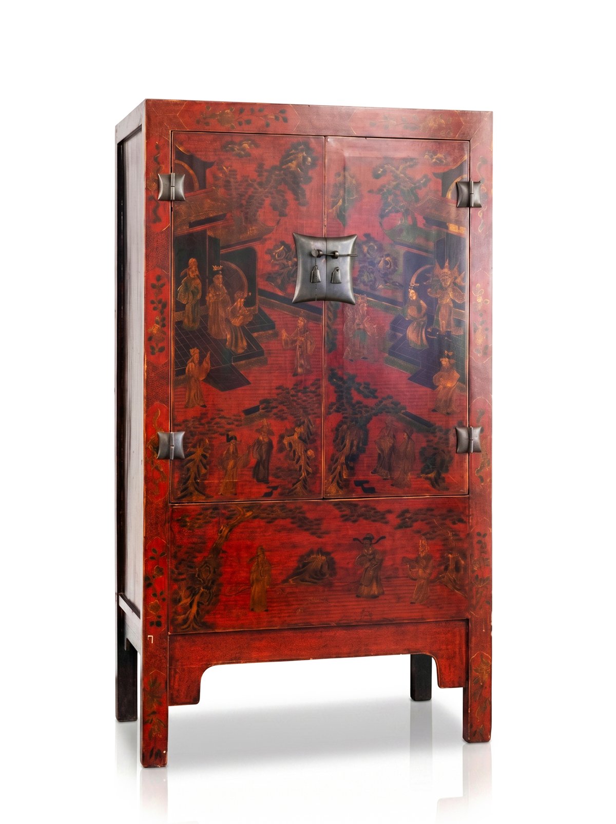Red Lacquered Chinese Cabinet with Painted Decoration