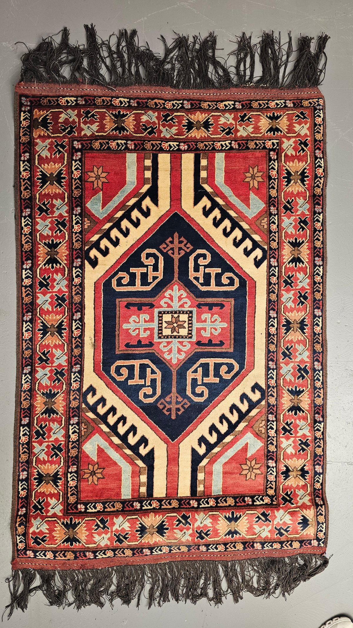 Geometric Wool Rug in Red, Blue and Cream