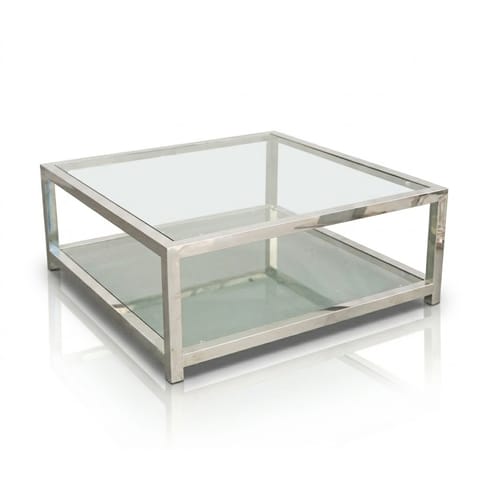 Square Two-Tier Coffee Table in Brushed Steel and Glass