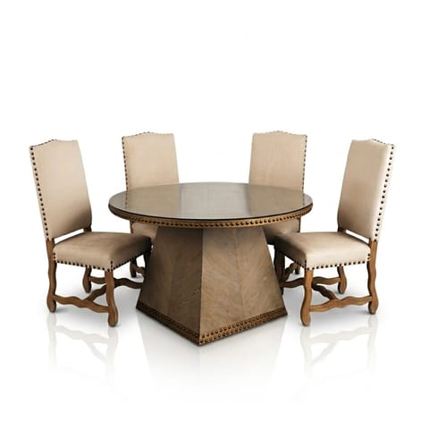 Studded Oak Pedestal Dining Table and Four Chairs