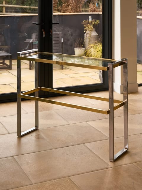 Vintage mixed metal Chrome & Brass Console Table with Glass Top (photo 2)