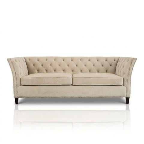 Light Grey Upholstered Three-Seater Sofa with Button Tufting