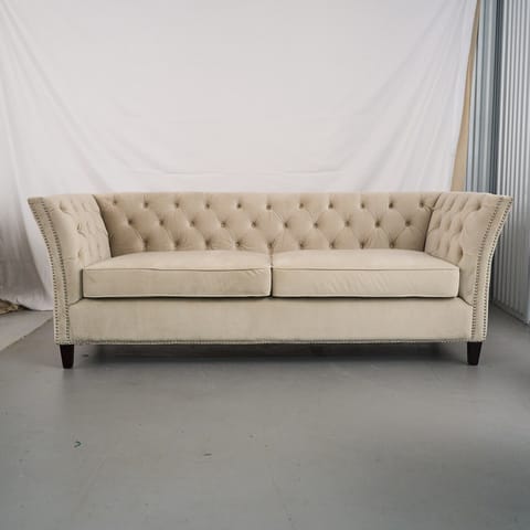 Chesterfield-Style Sofa in Beige Fabric with Nailhead Trim (photo 2)