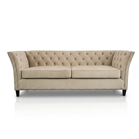 Chesterfield-Style Sofa in Beige Fabric with Nailhead Trim