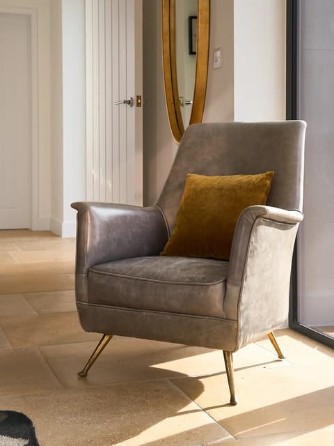 Mid Century Modern Distressed Grey Leather Armchair with Brass Legs (Pair) (photo 2)
