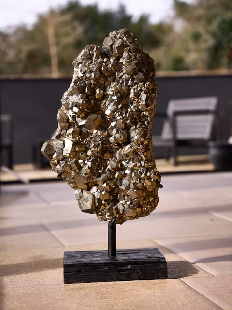 Live Pyrite Cluster Specimen on Custom Charred Wood Stand (photo 2)