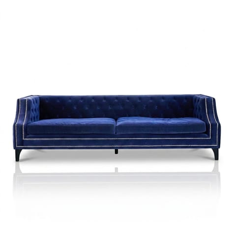 Blue Velvet Deep-Buttoned Sofa with Stud Detail