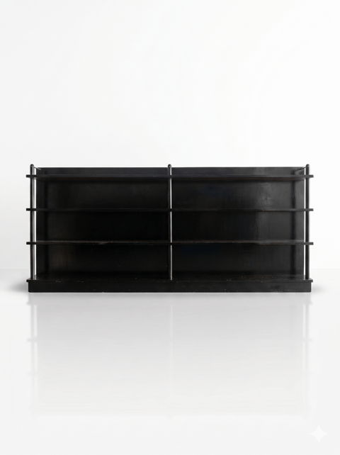 Vintage Distressed Black Wood Low Bookshelf with Brass Hardware