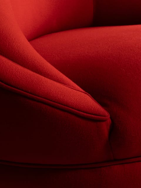 Retro Red Upholstered Rounded Armchair with Channeled Base (photo 2)