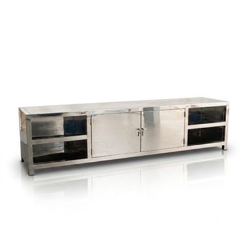 Polished Steel Console Table with Black Glass Top