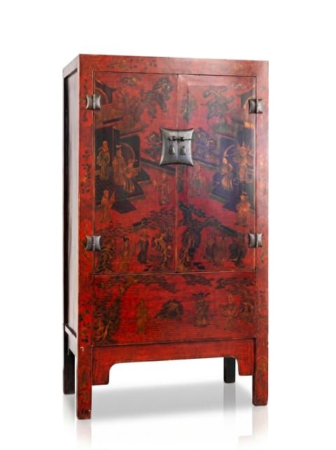 Red Lacquered Chinese Cabinet with Painted Decoration