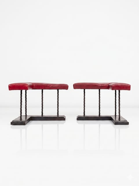 Pair of Club Fenders in Red Leather and Wrought Iron