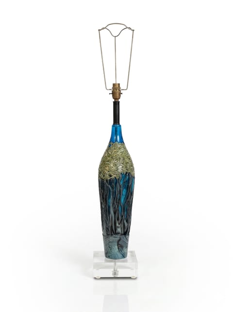 A Single Textured Turquoise Blue & Green Glass Table Lamp