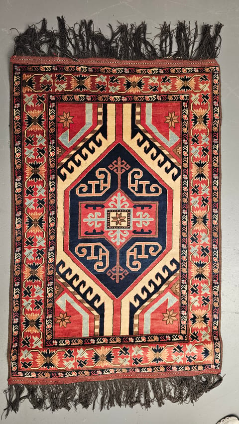 Geometric Wool Rug in Red, Blue and Cream