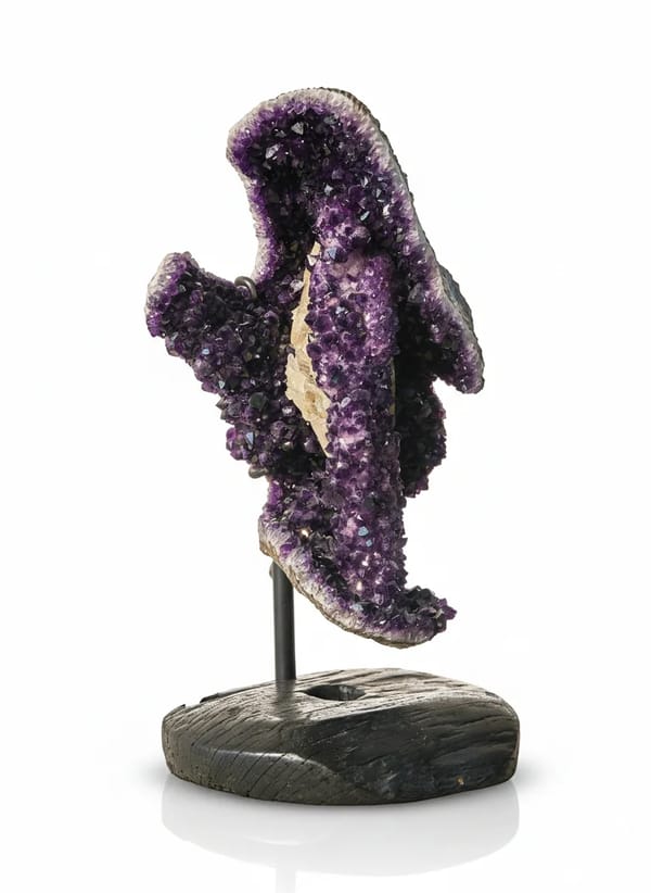 Large Uruguay Amethyst Crystal on Carved Wood Stand