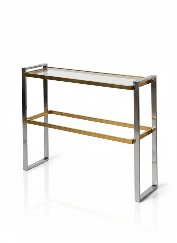 Vintage mixed metal Chrome & Brass Console Table with Glass Top