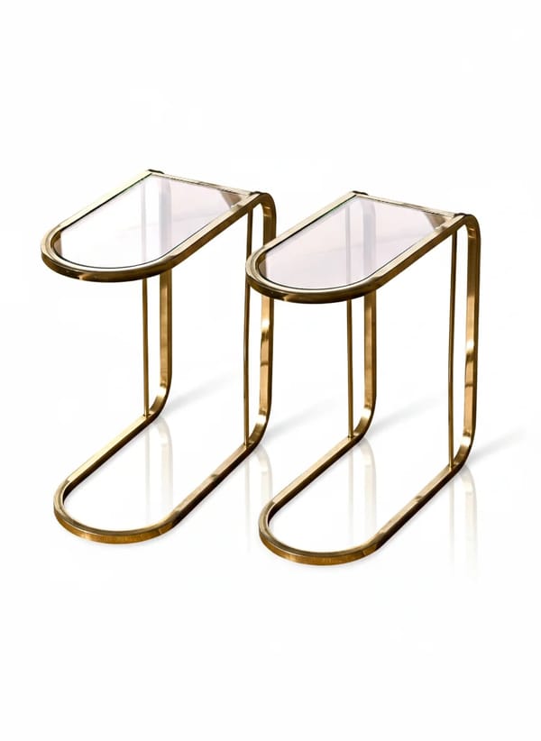 Pair of Modern C-Shaped Brass and Glass Side Tables