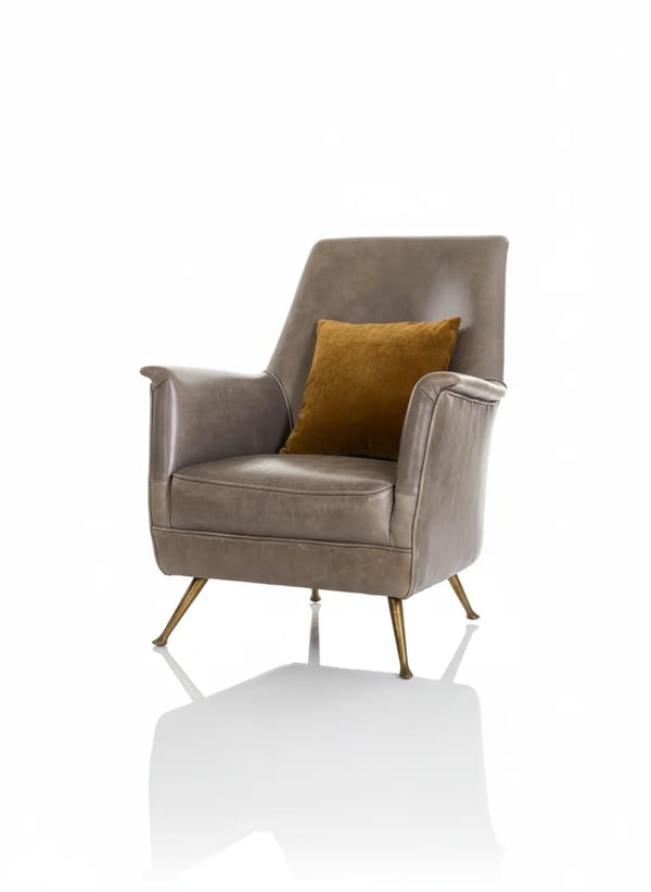 Mid Century Modern Distressed Grey Leather Armchair with Brass Legs (Pair)