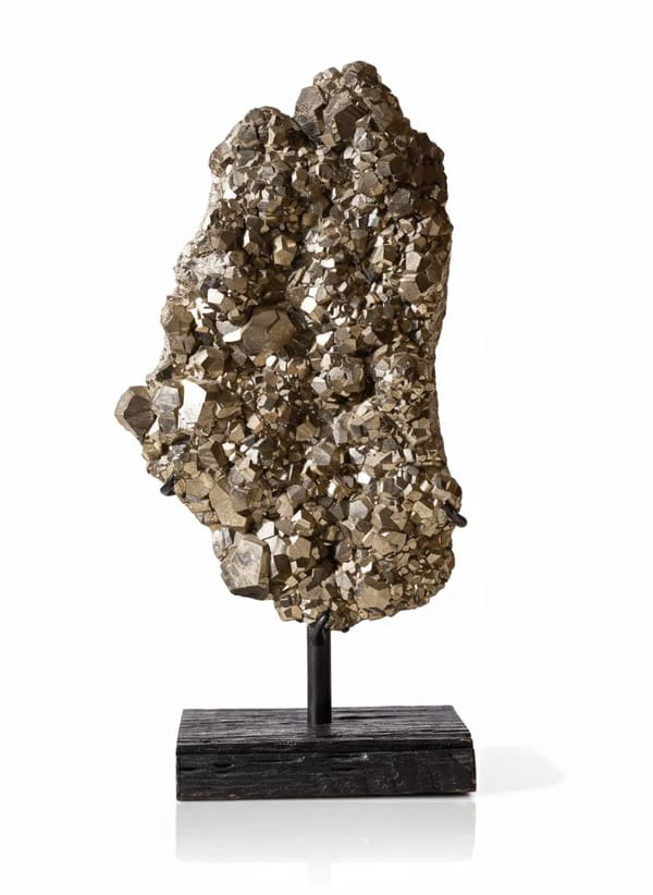 Live Pyrite Cluster Specimen on Custom Charred Wood Stand
