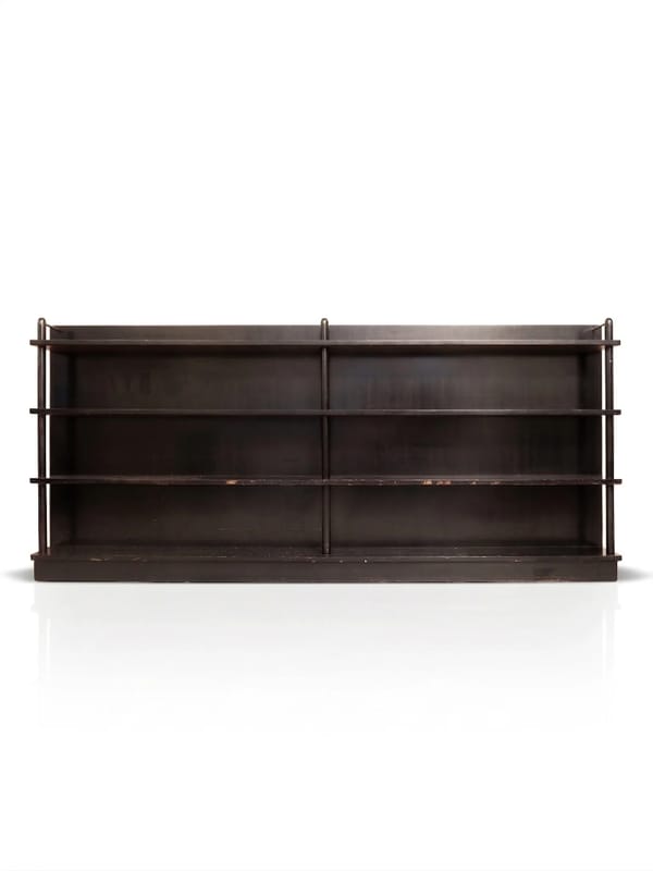 Vintage Distressed Black Wood Low Bookshelf with Brass Hardware