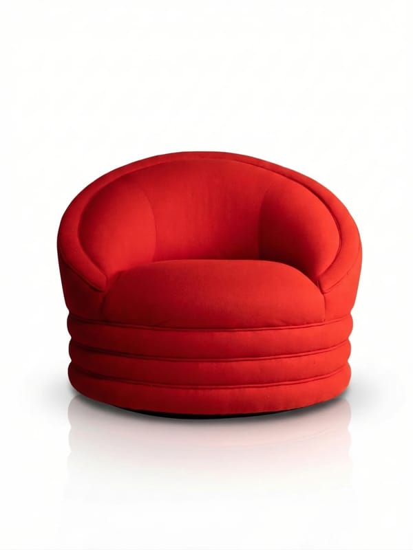 Retro Red Upholstered Rounded Armchair with Channeled Base