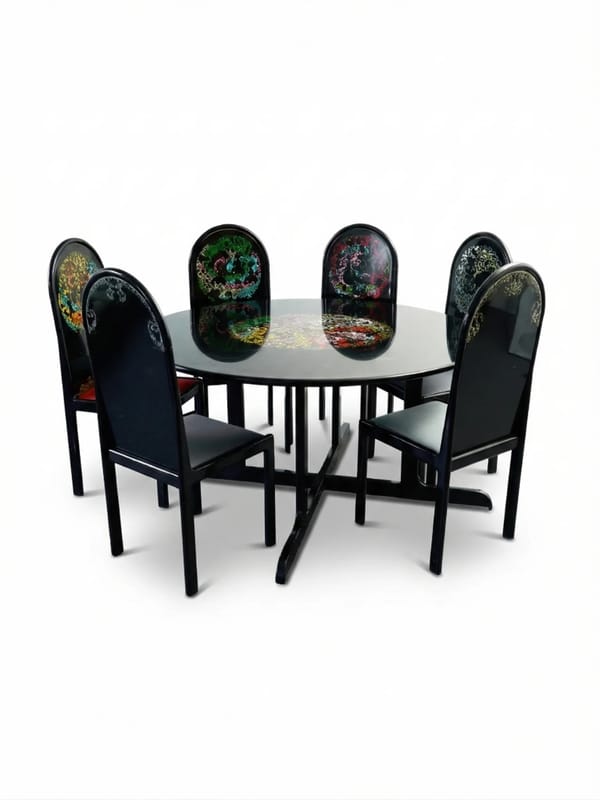 Black Lacquer Round Dining Table and 6 Chairs with Psychedelic Motifs